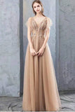 A Line V Neck Tulle Long Prom Dresses, Cheap Evening Dress with STG20488