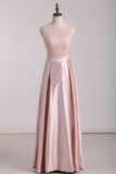 2024 Open Back Scoop A Line Bridesmaid Dresses Satin & Lace Floor PQ14YPGM