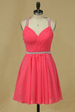 2024 Halter A Line Short/Mini Homecoming Dresses Chiffon With Beads P37H1GQ2
