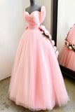 Charming Ball Gown Sweetheart Long Prom Dresses, Pink Sweet 16 Dress With Handmade Flowers STG15094