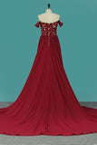 2024 Red Slit Off The Shoulder Prom Dresses A Line Chiffon With PS4E1XD4