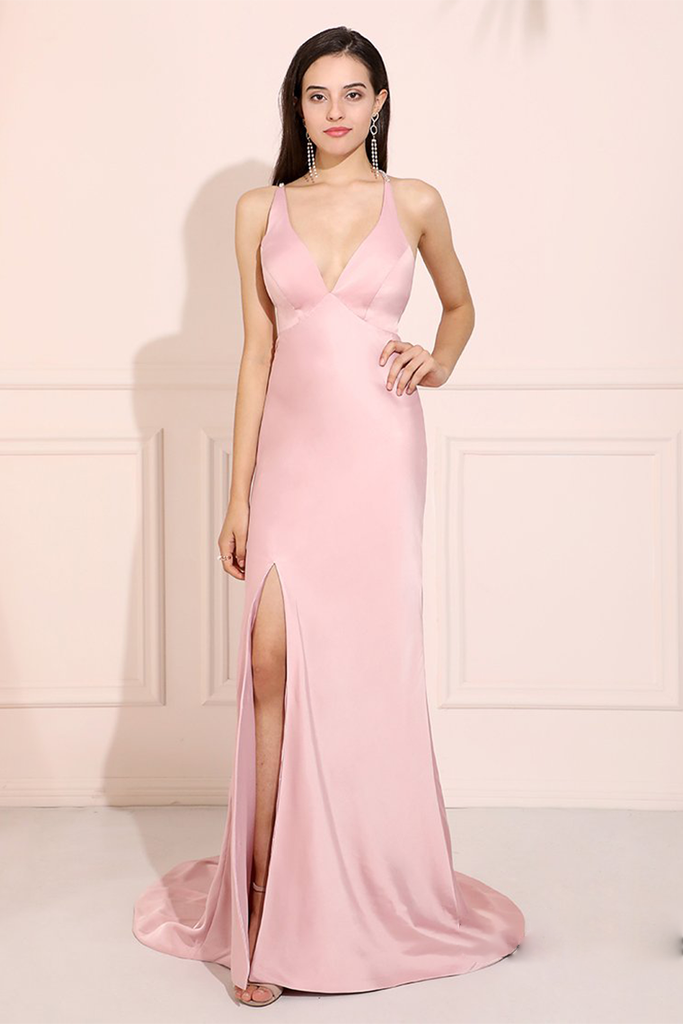 Simple Pink Long Prom Dress Side Split Evening Dress