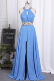 2022 Halter Open Back Prom Dresses A Line Chiffon With Beads P58HQQ94