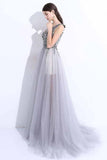 2022 New A-Line V-Neck Grey Tulle Beaded Long Sleeveless Backless Prom Dresses with Split