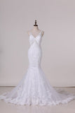 2022 Open Back Mermaid Spaghetti Straps Wedding Dresses Tulle With Applique And PD96QN8E