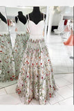 A-Line Spaghetti Straps White Appliqued Cheap Prom Dresses, V Neck Long Evening Dresses STG15052