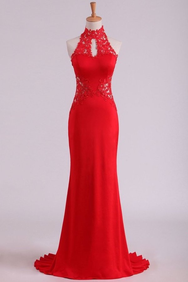 2022 Red High Neck Open Back Prom Dresses With Applique Sweep PA75B5ZT