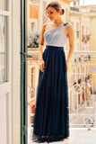Flowy One Shoulder Navy Blue Tulle Long Prom Dresses, Cheap Formal Dresses STG15232