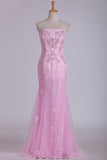 2024 Column Strapless With Beading And Applique Prom Dresses Sweep PT2F2CHL
