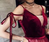 A Line Spaghetti Straps Ombre Long Tulle Prom Dresses, Burgundy V Neck Evening Dress STG15029