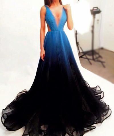 New Style Black V-Neck New Arrival Long Gradient Color Tulle Long Prom Dresses