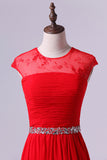 2024 Scoop Neckline Ruffled Prom Dress Short Lace Sleeves With Shirred P8Q3T4GJ