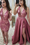 2024 Charming Two Piece V Neck Blush Pink Lace Long Prom Dresses Elegant Beading PCA48JBD
