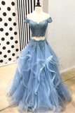 Blue Off the Shoulder Two Pieces Tulle Beads Prom Dresses with Lace Appliques STG15500