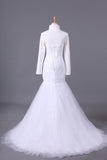 2024 High Neck Mermaid/Trumpet Muslim Wedding Dresses Pleated Bodice With Tulle Skirt Lace PX9QD2H3