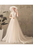 Ivory Jewel Sleeveless Tulle Wedding Dress With Lace A Line Pleats Open Back Bridal STGPXNMNP57