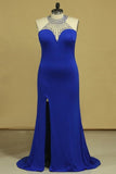 2024 Dark Royal Blue Prom Dresses Sheath Scoop With Beading Sweep PQF459BJ