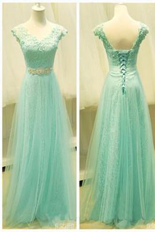 Mint Lace Cap Sleeve Sweetheart Lace up A-Line Tulle Green Floor-Length Prom Dresses