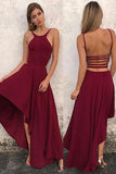 Unique A Line Burgundy High Low Sleeveless Backless Prom Dresses, Cheap Evening Dresses STG15450