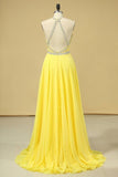 2024 A Line Prom Dresses Halter Beaded Bodice Open Back Sweep Train Chiffon & Tulle PFZH5PAD