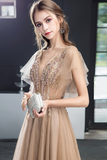 A-Line V-Neck Backless Grey Long Prom Dress With Appliques