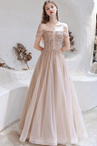 A-line Strapless Starlight Princess Champagne Prom Dress Long Evening Dress