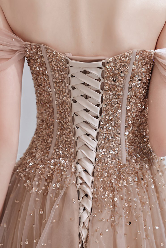 A-line Strapless Starlight Princess Champagne Prom Dress Long Evening Dress
