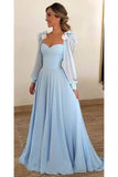 2024 Sky Blue Long Chiffon Prom Dresses With Sleeves P3RQKD6A