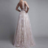 Long Sexy Deep V-Neck Tulle Lace Appliques Floor-Length A-Line Party Prom Dress