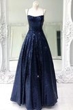 Long Navy Blue Sequin Prom Dress