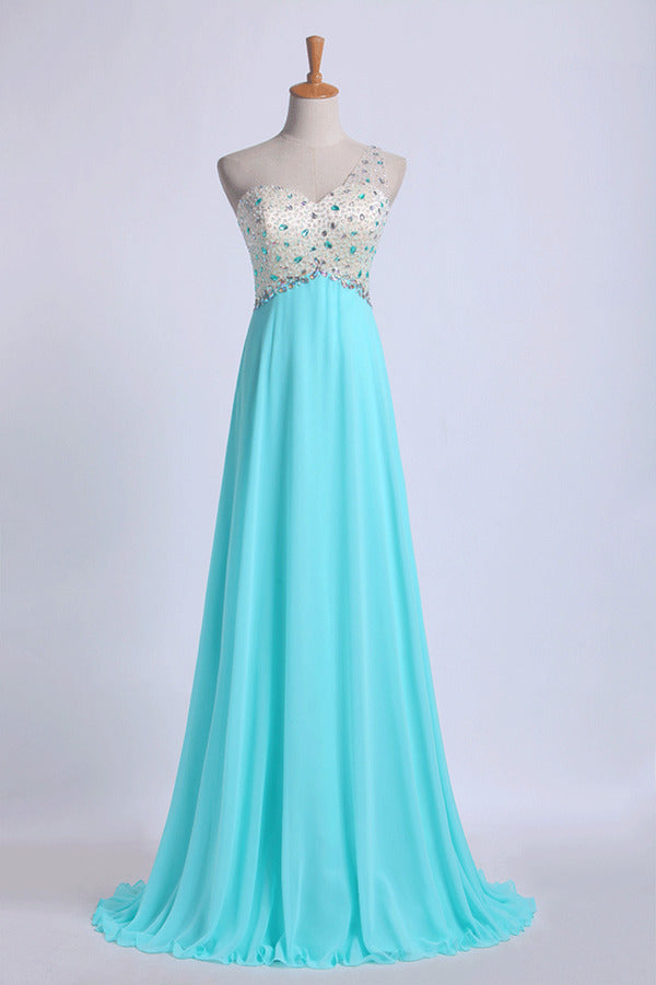 2022 One Shoulder Prom Dresses A Line With Beading Tulle And Chiffon Sweep P8ZTTQGG