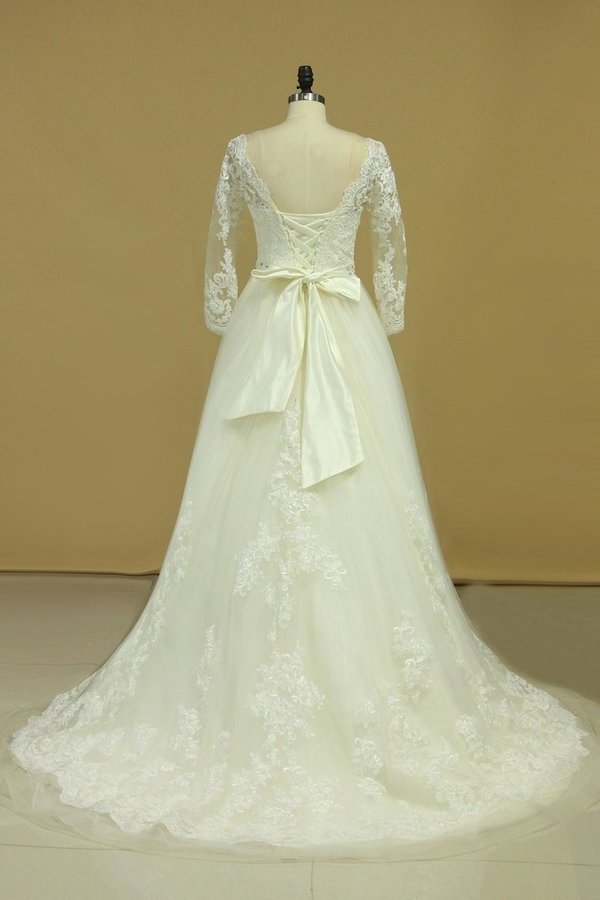 2022 Plus Size Bateau Wedding Dresses 3/4 Length Sleeve With Applique PYCXKHN9