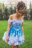 Cute Off the Shoulder Blue Lace Appliques Short Prom Gowns, Cute Homecoming Dresses STG15135
