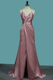 2024 Elastic Satin Spaghetti Straps Prom Dresses With Ruffles And Slit Sexy P6XKF56G