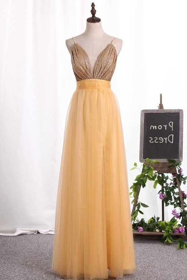 2022 Sexy Spaghetti Straps A Line Prom Dresses Tulle P1SY77ZN