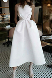 A-Line Tea-Length White Prom Dress with Pockets