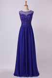 2024 Bateau Prom Dress A Line Floor Length With Embroidery And Beads PJK78329