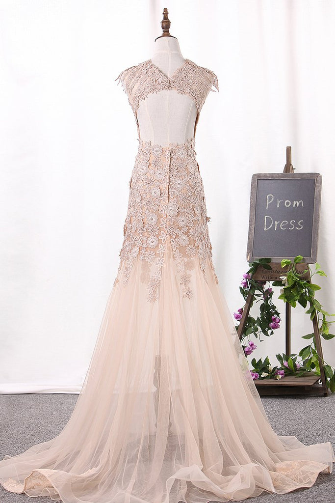 2022 Open Back Mermaid Wedding Dresses Scoop Tulle With Applique PJCF67R4