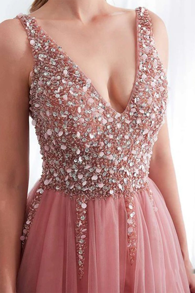 Hot Selling Pink Prom Dress Side Split Beading Evening Party Dress