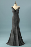 Simple Dark Grey Long Prom Dress V Neck Evening Dress
