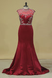 2022 Open Back High Neck Mermaid Prom Dresses Satin With Ruffles And PDEAPFNC