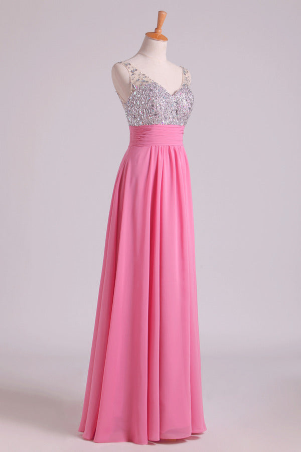 2022 Prom Dresses A Line V Neck Chiffon With Beading/Sequins Sleeveless Floor P98QLD19