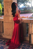 Chic Red Spaghetti Straps Mermaid V Neck Prom Dresses with Appliques, Formal Dresses STG15571