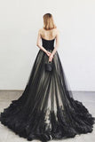 Elegant Black A-line Sweetheart Strapless Tulle Lace Appliques Lace up Prom Dresses