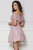 A-Line Cold Shoulder Purple Lace Homecoming Party Dress with Ruffles Prom Dresses STG14965