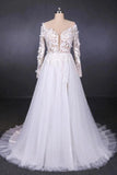 Long Sleeves White A-line Tulle Beach Wedding Dresses with Lace Appliques, Bridal Dress STG15255