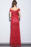 Long Red Mermaid Off-the-Shoulder Prom Dress with Sequins