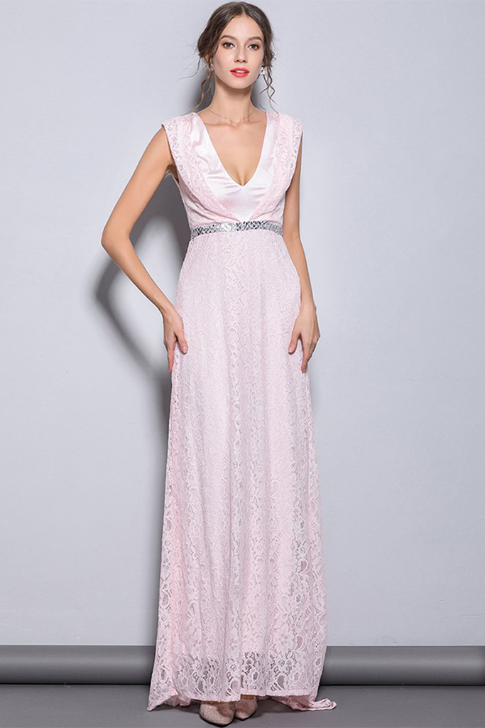 Sheath V-Neck Pink Long Prom Dress with Lace