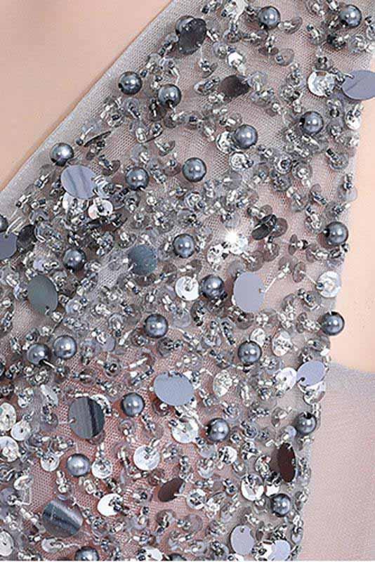2022 New A-Line V-Neck Grey Tulle Beaded Long Sleeveless Backless Prom Dresses with Split