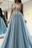 A Line Sleeveless See Through Tulle Prom Dress With Appliques Floor Length Formal STGPMLLSKLL